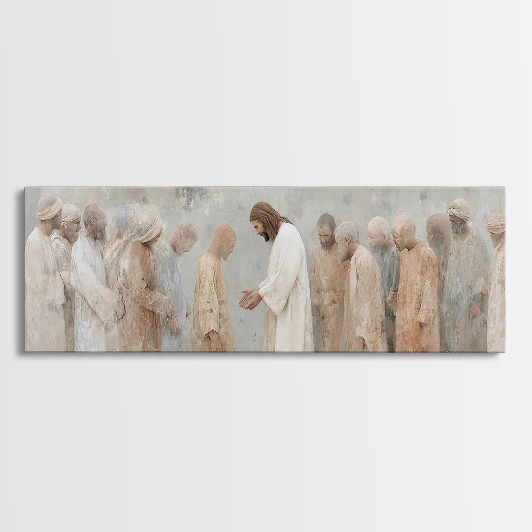 Healing At Dawn, Framed Canvas Print, Christian Art Canvas, Christian Wall Art, Panoramic Frame, Jesus Painting, Christian Art Print