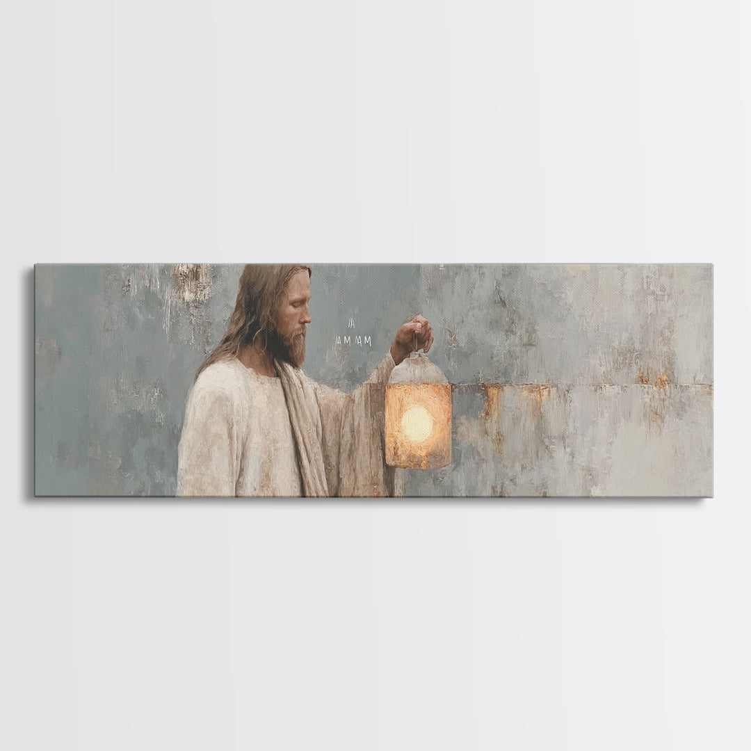 Guiding Lantern Light – Framed Canvas Print – Panoramic Art – Christian Wall Art – Jesus Painting – Christian Art Canvas – Christian Decor