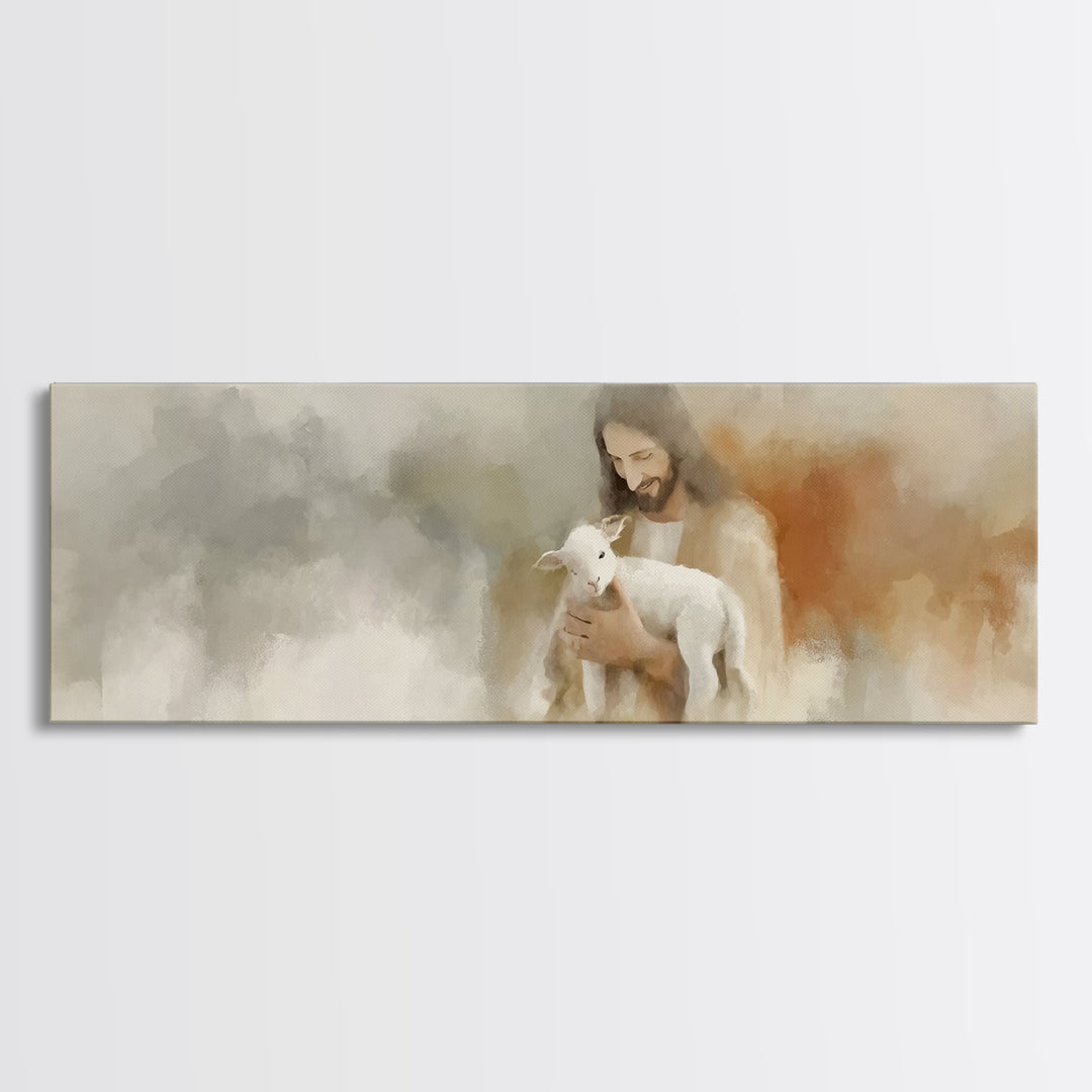 Lamb Of Comfort | Framed Canvas Print | Panoramic Painting | Christian Art Canvas | Jesus Painting | Christian Wall Art | Christian Gift
