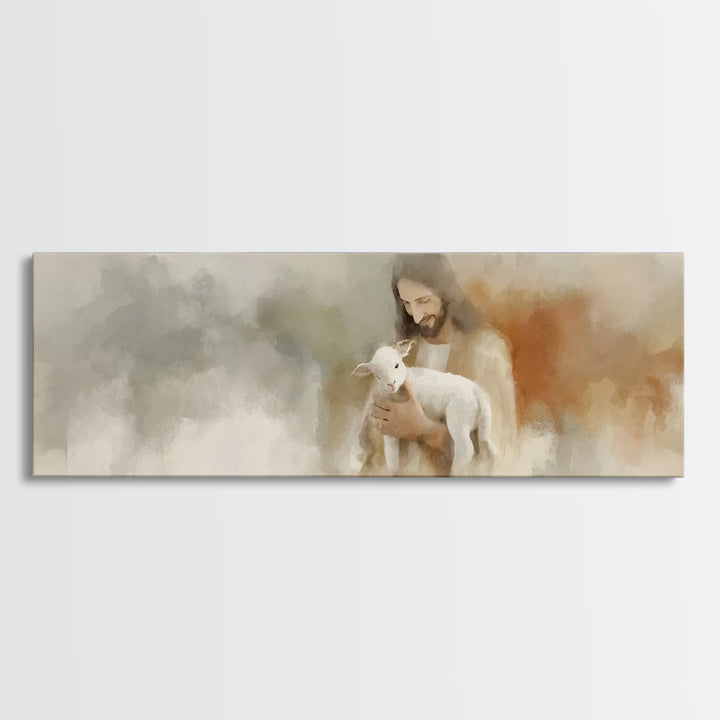 Lamb Of Comfort | Framed Canvas Print | Panoramic Painting | Christian Art Canvas | Jesus Painting | Christian Wall Art | Christian Gift