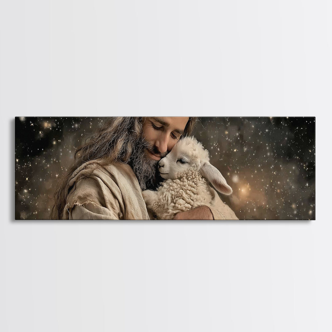 Heavenly Shepherd | Framed Canvas Print | Panoramic Art | Jesus Painting | Christian Art Canvas | Christian Wall Art | Christian Christmas