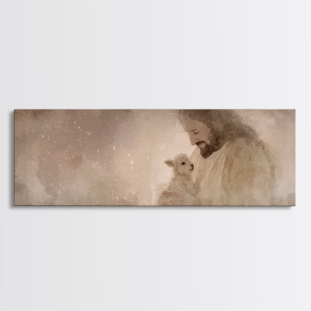 Blessed Night Lamb | Framed Canvas Print | Panoramic Art | Christian Art Print | Jesus Painting Canvas | Christian Wall Art | Christian Dec