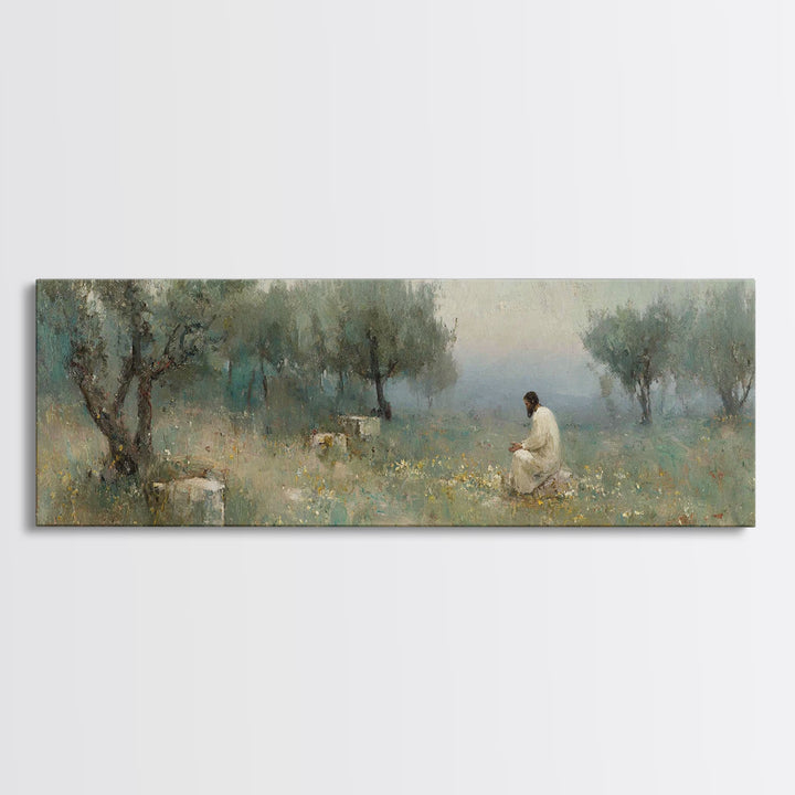 Olive Grove Light – Framed Canvas Print – Jesus Painting – Panoramic Print – Christian Art Canvas – Christian Wall Art – Moody Christian Ar