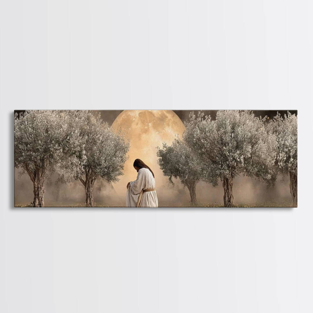 Garden Of Prayer, Framed Canvas Print, Christian Art, Jesus Painting, Panoramic Art, Christian Decor, Christian Gift, Large Christian Art,