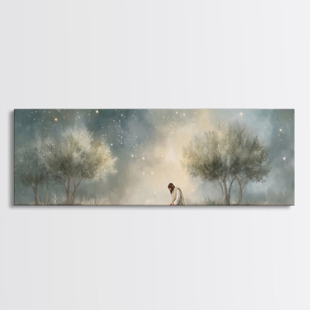 Night Of Devotion – Framed Canvas Print – Christian Art – Jesus Painting – Panoramic Art – Christian Decor – Christian Gift – Large Christi