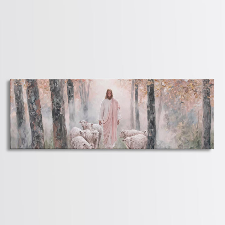 Mist Of The Flock, Framed Canvas Print, Christian Art, Jesus Painting, Panoramic Art, Christian Decor, Christian Gift, Large Christian Art,