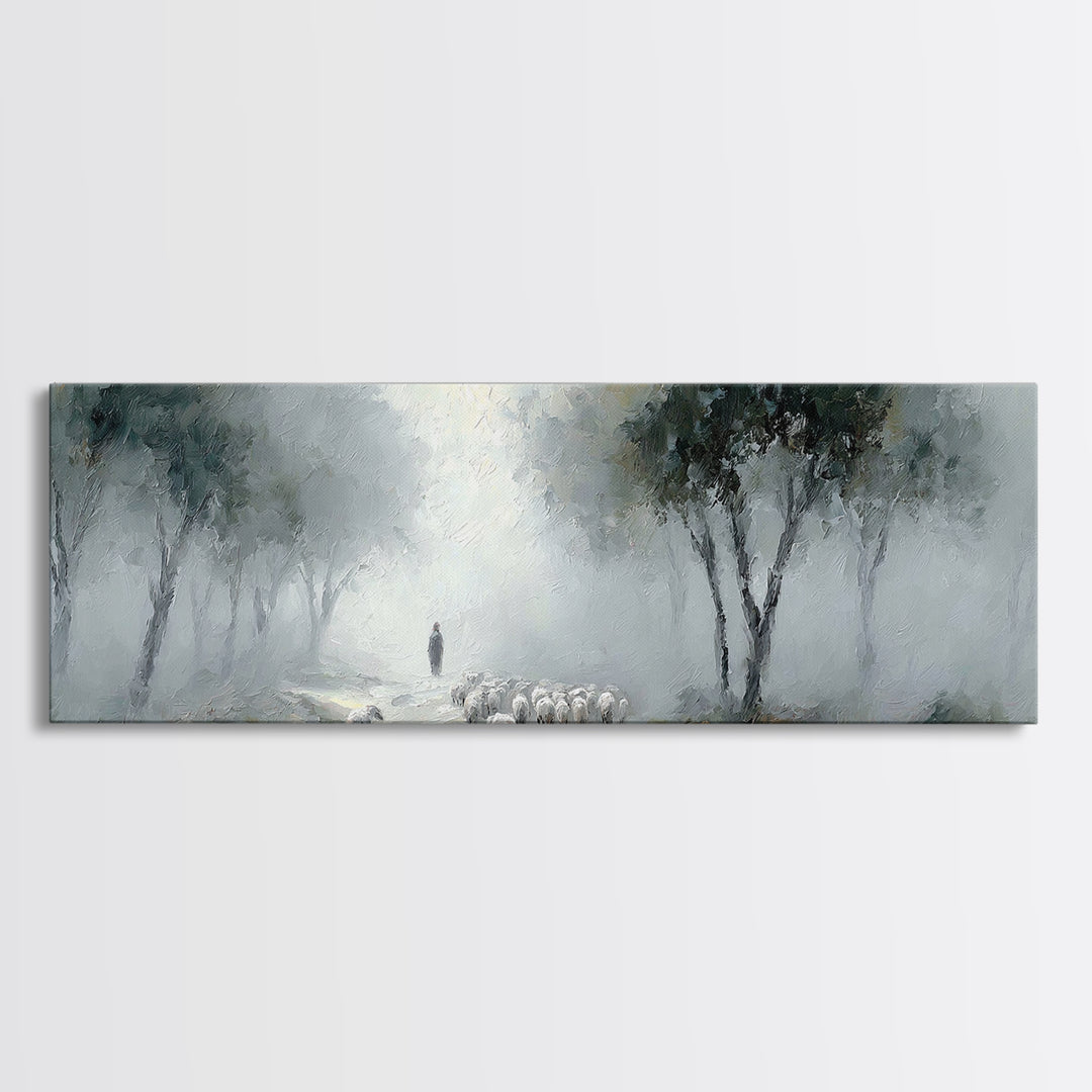 Morning Shepherd Calm – Framed Canvas Print – Panoramic Print – Christian Art Work – Christian Christmas Art – Jesus Painting – Christian D