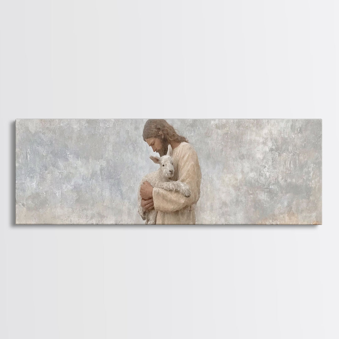 Lamb Of Comfort – Framed Canvas Print – Panoramic Wall Art – Jesus Christmas Art – Christian Art Print – Christmas Canvas Wall Art – Christ