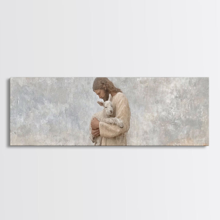 Lamb Of Comfort – Framed Canvas Print – Panoramic Wall Art – Jesus Christmas Art – Christian Art Print – Christmas Canvas Wall Art – Christ