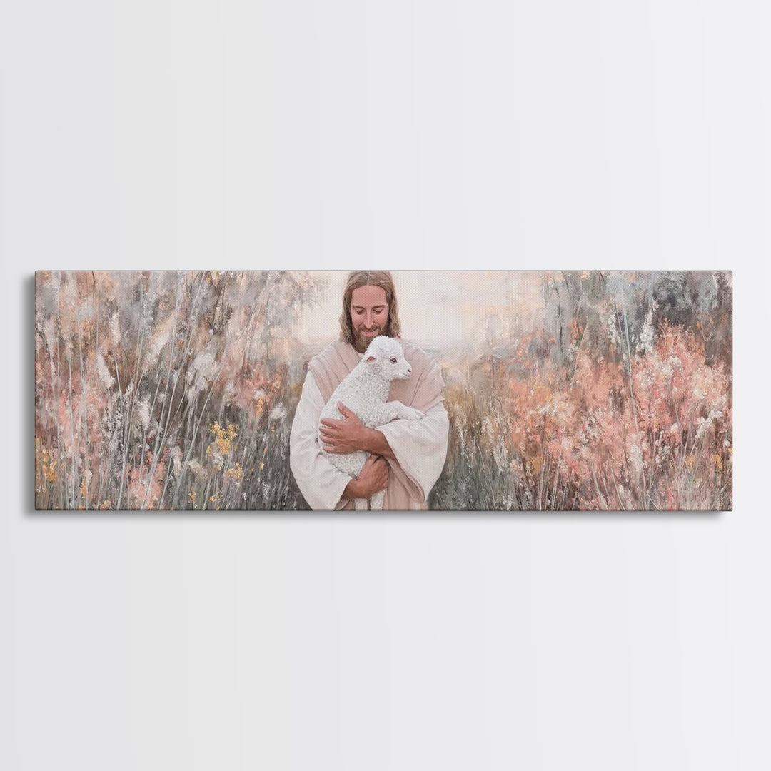 Compassionate Shepherd, Framed Canvas Print, Panoramic Print, Jesus Canvas Art, Christian Wall Art, Christmas Art Prints, Modern Christian