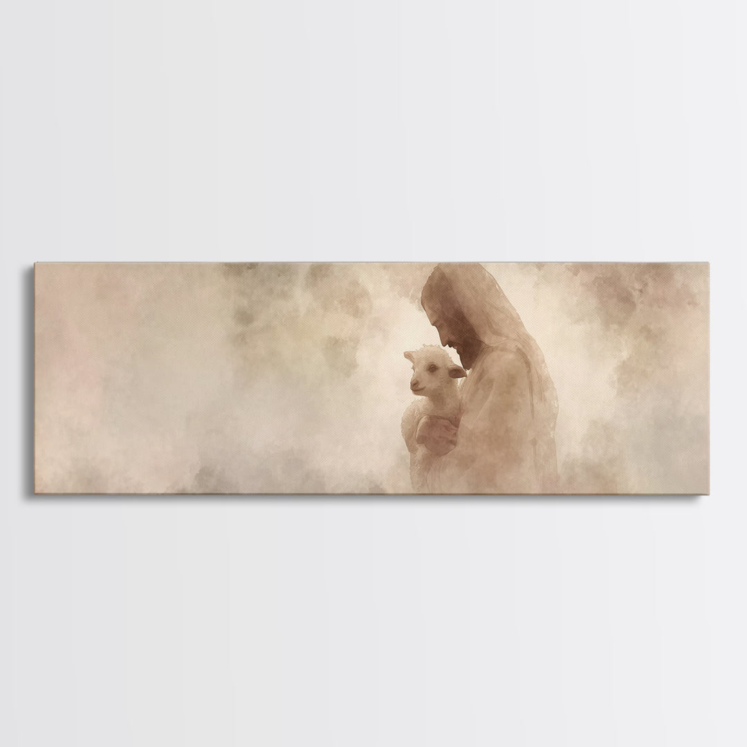Tender Shepherd Love | Framed Canvas Print | Panoramic Wall Art | Jesus Painting | Christian Art Print | Christian Christmas Art | Modern C