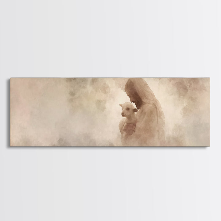 Tender Shepherd Love | Framed Canvas Print | Panoramic Wall Art | Jesus Painting | Christian Art Print | Christian Christmas Art | Modern C