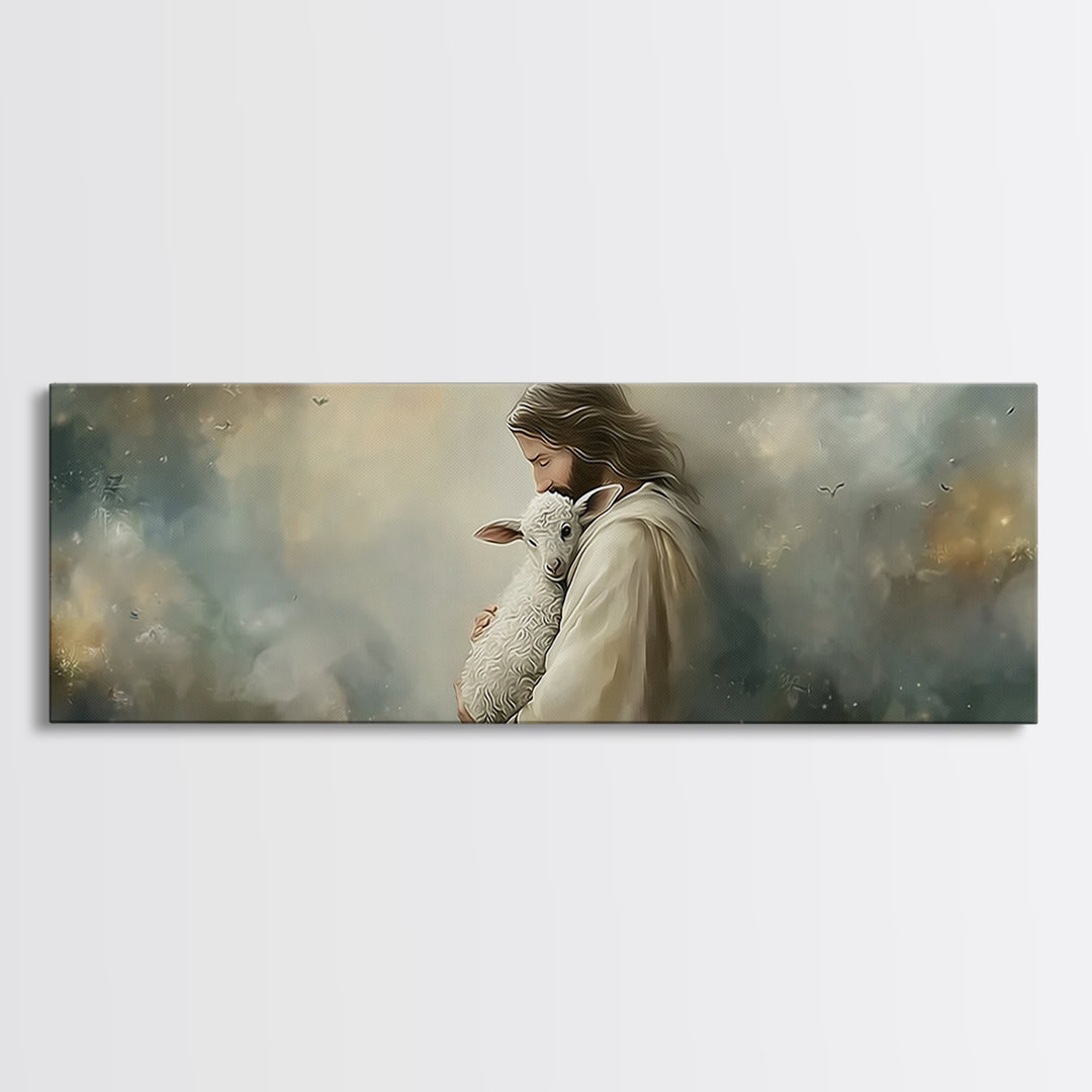 Heaven’s Gentle Care, Framed Canvas Print, Panoramic Painting, Jesus Canvas Art, Christian Wall Art, Christmas Art Prints, Subtle Christian