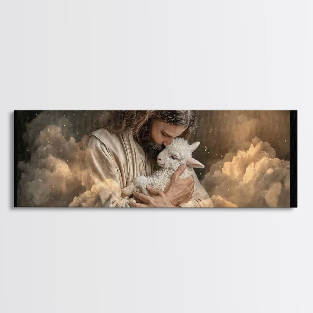 Sacred Lamb Embrace – Framed Canvas Print – Panoramic Frame – Christian Art Canvas – Jesus Wall Art – Christmas Art Work – Christian Gift I