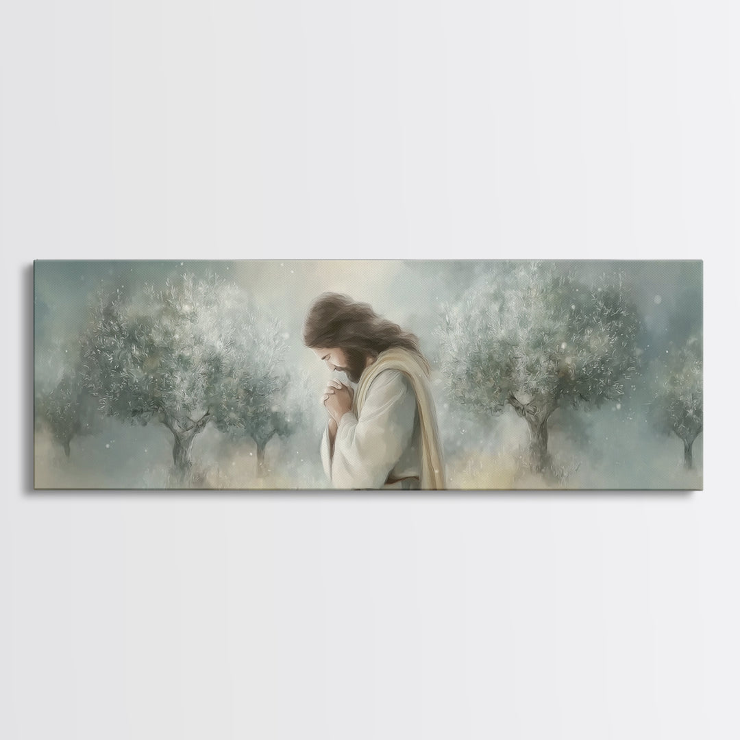 Olive Grove Prayer – Framed Canvas Print – Panoramic Painting – Christian Art Canvas – Jesus Painting – Christmas Wall Art – Subtle Christi
