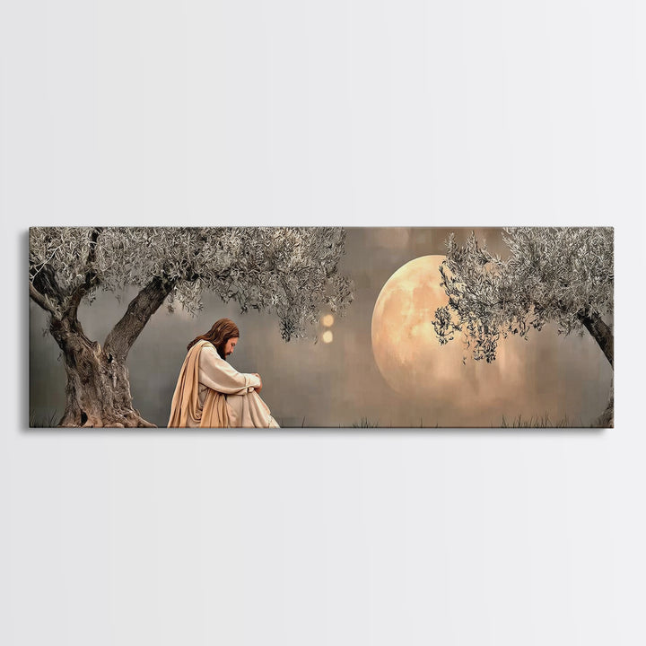 Moonlit Garden Prayer, Framed Canvas Print, Panoramic Painting, Jesus Painting Canvas, Christian Art Canvas, Christian Wall Art, Christmas