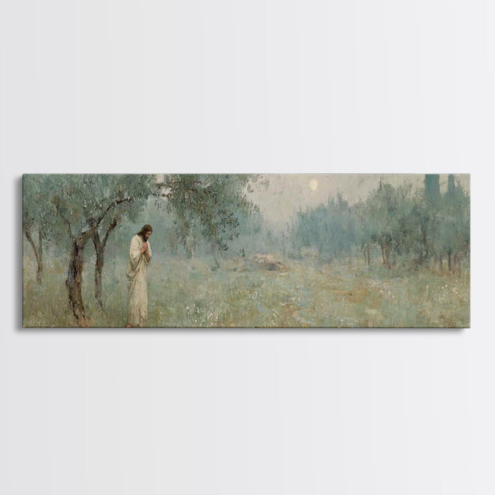 Olive Grove Prayer, Framed Canvas Print, Panoramic Wall Art, Christian Art Canvas, Jesus Painting, Christian Wall Art, Christian Christmas
