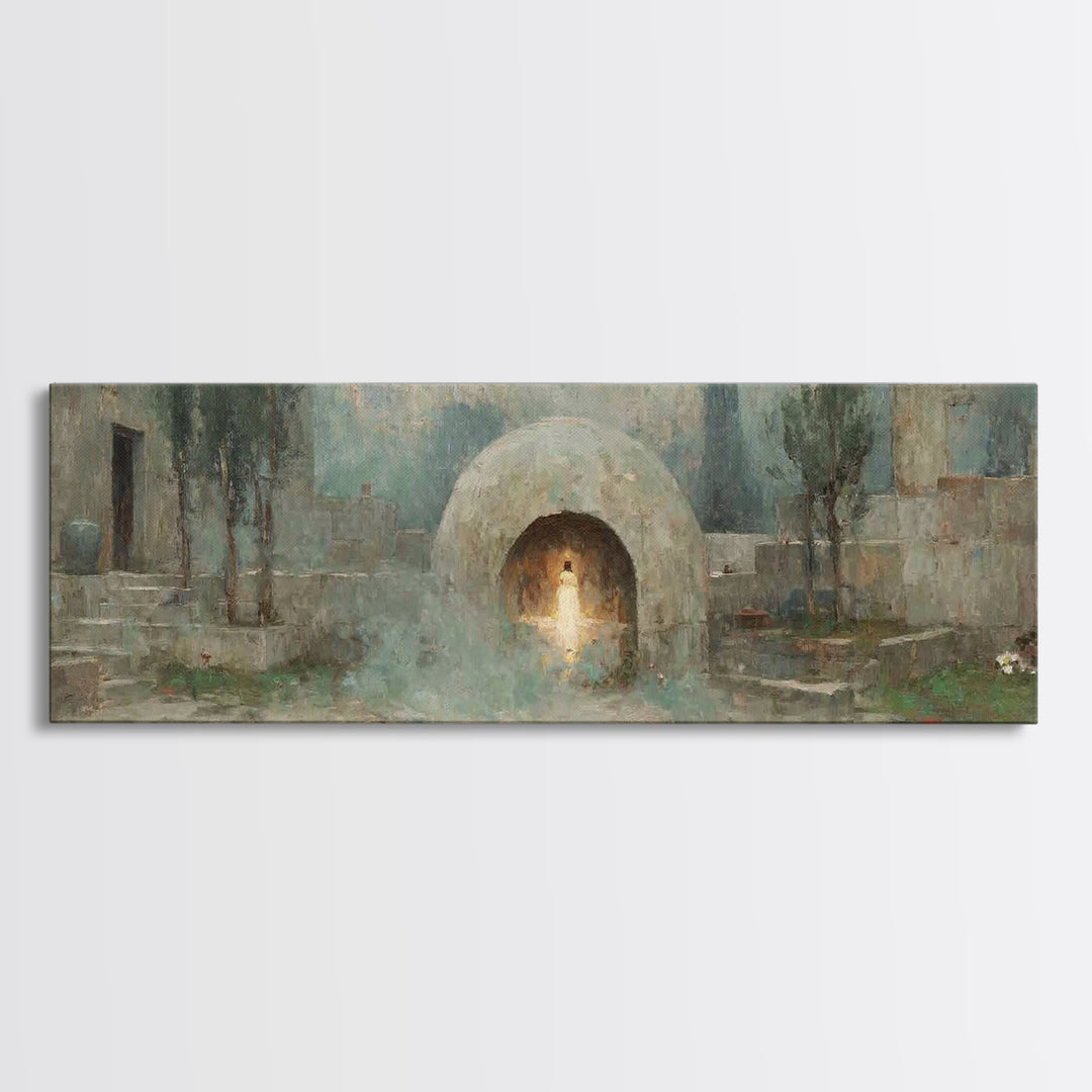 Silent Tombstone Glow, Framed Canvas Print, Panoramic Frame, Christian Art Canvas, Christian Painting, Jesus Wall Art, Christian Christmas