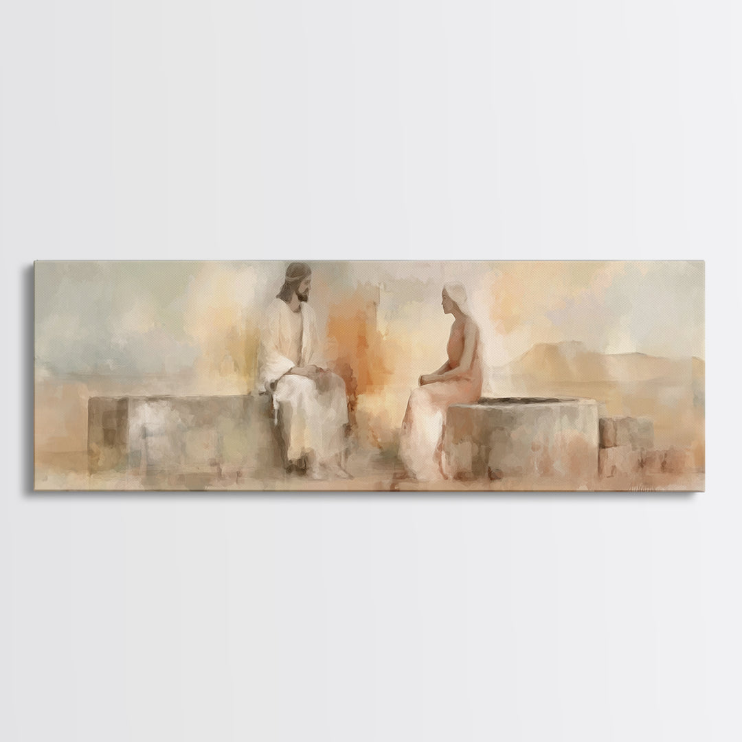Living Water Meeting | Framed Canvas Print | Panoramic Wall Art | Christian Art Canvas | Christian Painting | Jesus Art Print | Christian D