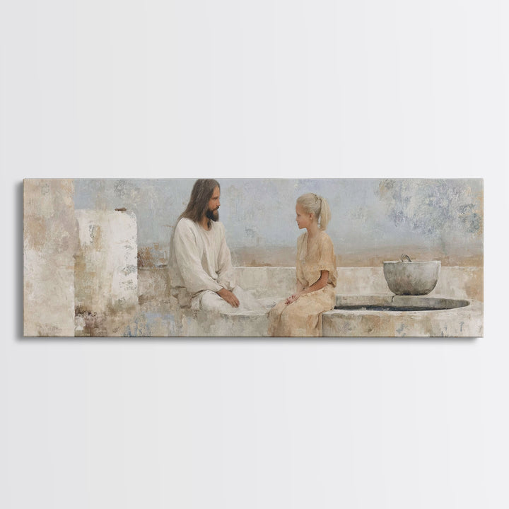 Quiet Well Encounter | Framed Canvas Print | Christian Art Canvas | Jesus Painting | Panoramic Painting | Christian Wall Art | Christian Gi