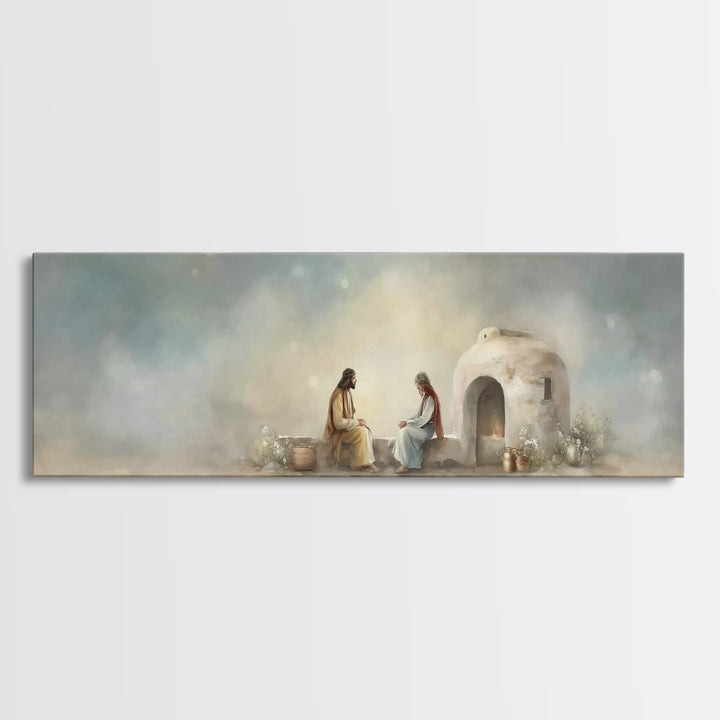 Morning At The Well, Framed Canvas Print, Christian Wall Art, Panoramic Art, Jesus Painting, Christian Decor, Christian Art Print