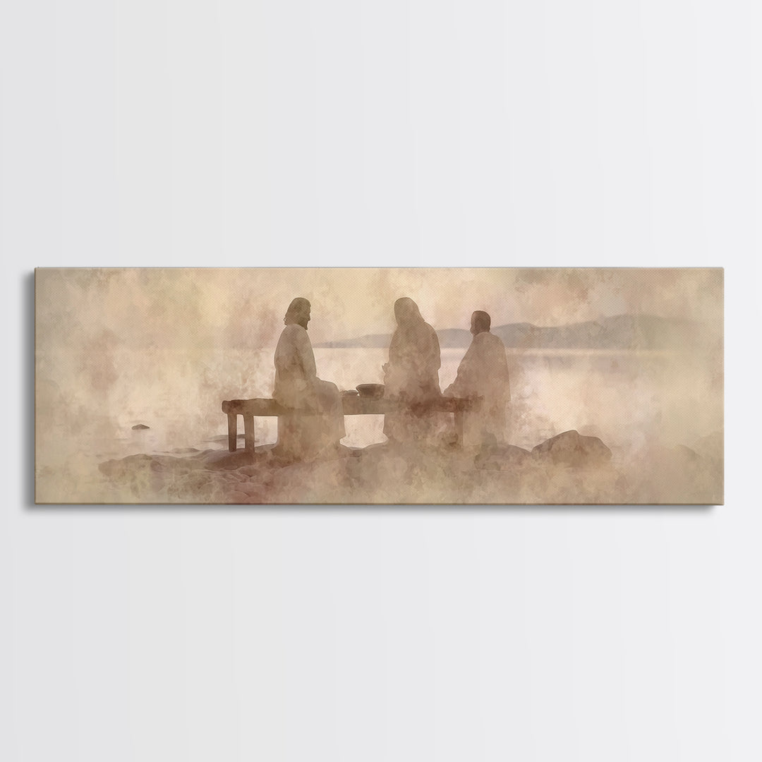 Shoreline Communion, Framed Canvas Print, Christian Wall Art, Christian Art Canvas, Panoramic Art, Jesus Painting, Christian Gift