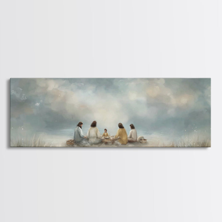 Harbor Meal Blessing | Framed Canvas Print | Christian Wall Art | Jesus Painting | Christian Art Canvas | Panoramic Painting | Christian Gi