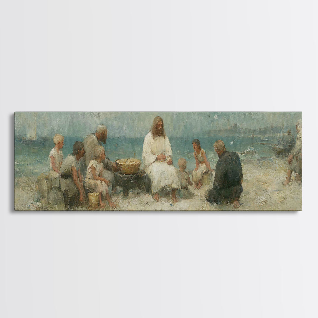 Lakeside Bread Sharing, Framed Canvas Print, Christian Art Canvas, Panoramic Wall Art, Christian Decor, Jesus Painting, Christian Wall Art