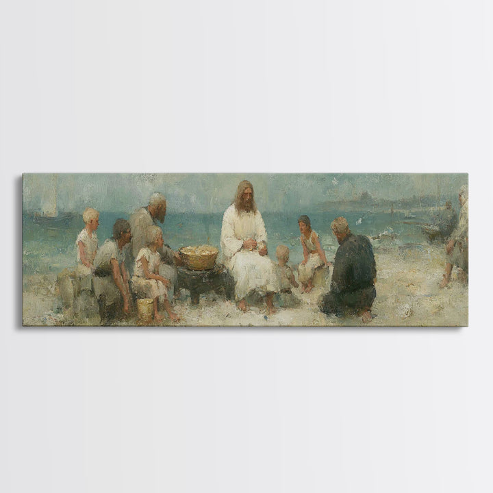 Lakeside Bread Sharing, Framed Canvas Print, Christian Art Canvas, Panoramic Wall Art, Christian Decor, Jesus Painting, Christian Wall Art