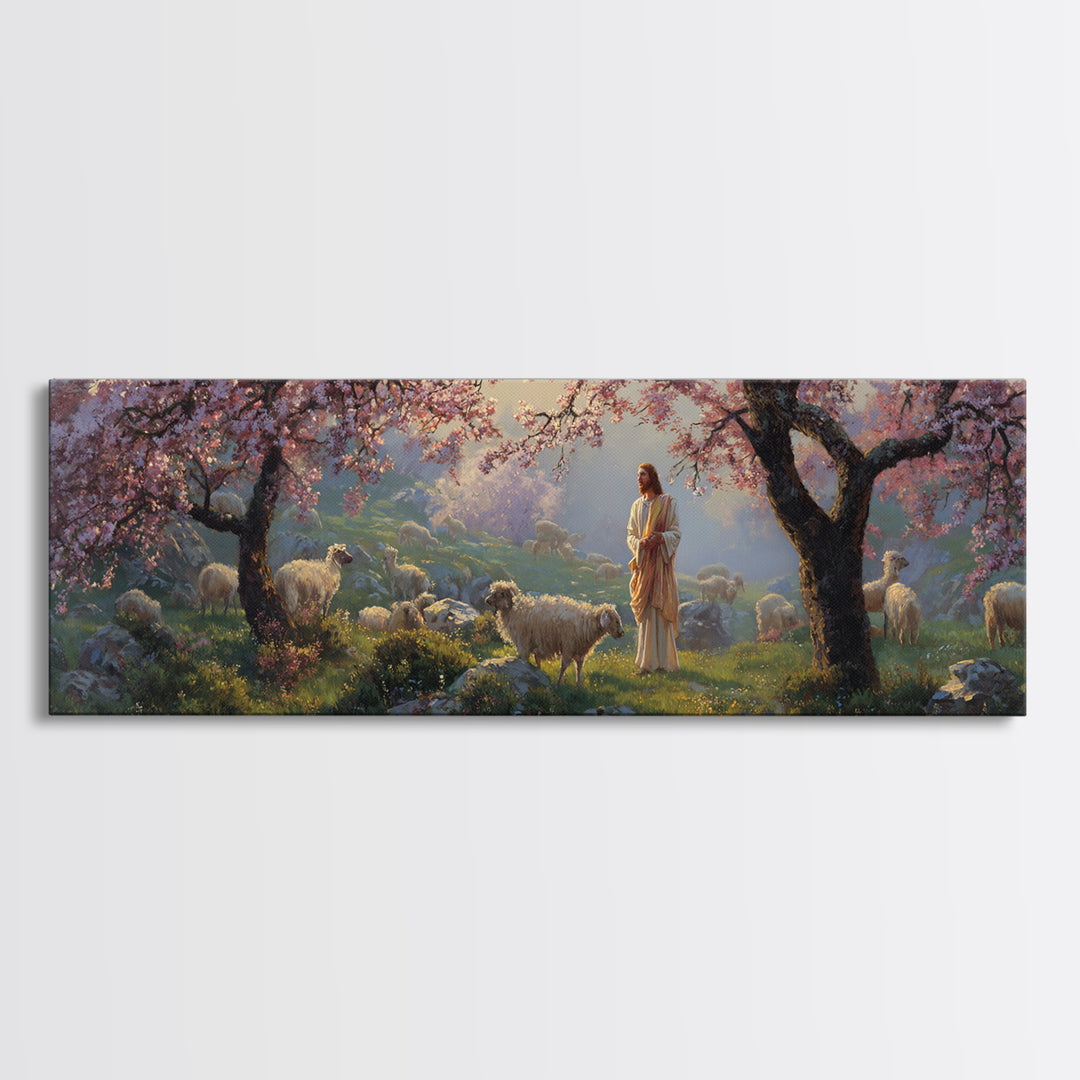 Shepherd Blossom Light, Framed Canvas Print, Panoramic Wall Art, Christian Art Canvas, Jesus Painting, Christian Art, Christian Gift