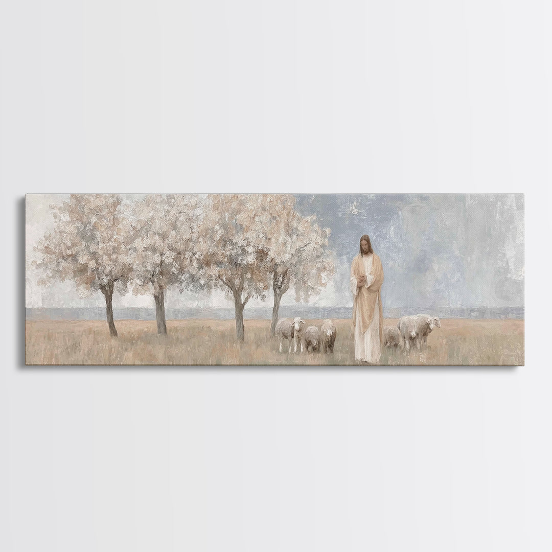 Gentle Meadow Guide | Framed Canvas Print | Christian Art Canvas | Panoramic Frame | Christian Wall Art | Jesus Painting | Christian Gift