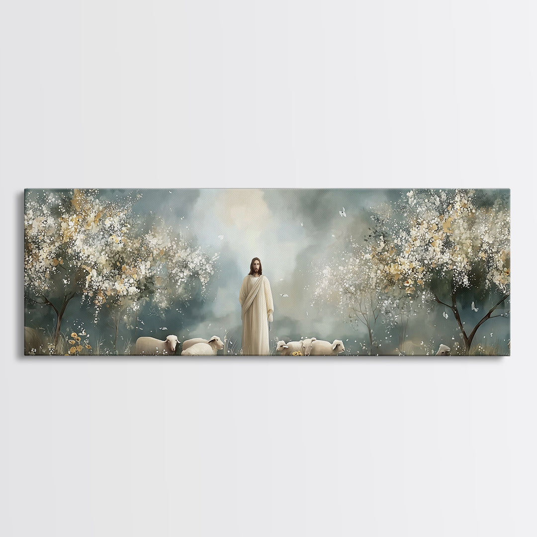 Heavenly Pasture Bloom – Framed Canvas Print – Panoramic Art – Christian Wall Art – Christian Art Canvas – Jesus Painting – Christian Gift