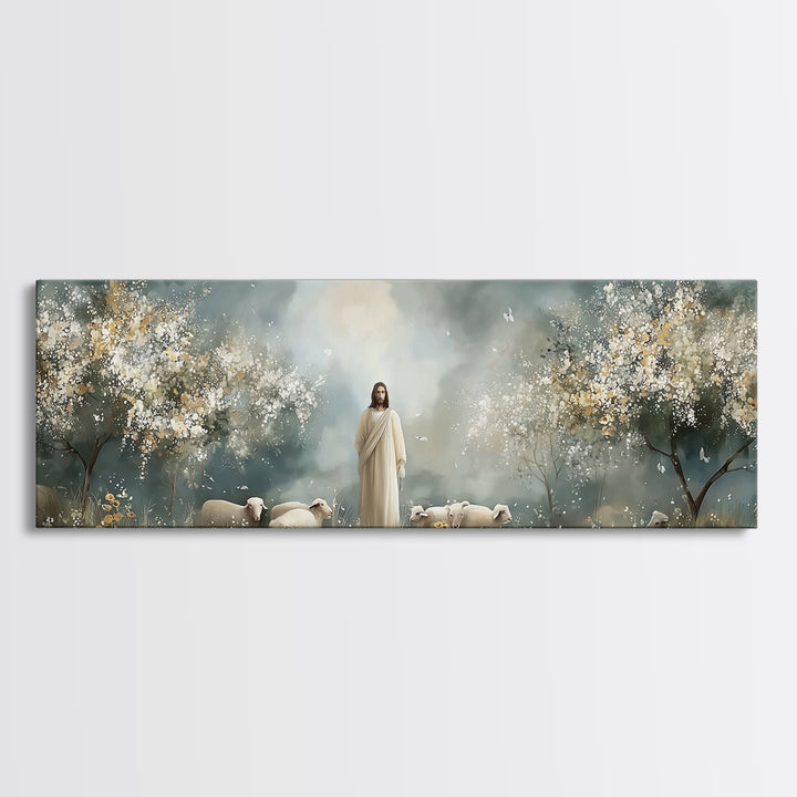 Heavenly Pasture Bloom – Framed Canvas Print – Panoramic Art – Christian Wall Art – Christian Art Canvas – Jesus Painting – Christian Gift