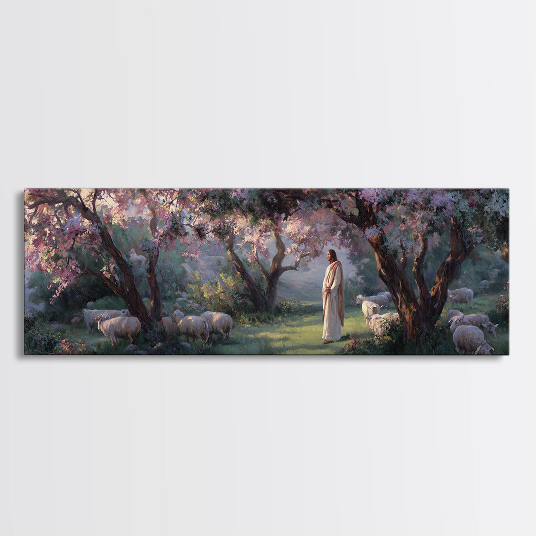 Garden Of The Shepherd, Framed Canvas Print, Panoramic Art, Christian Wall Art, Christian Art Canvas, Jesus Painting, Christian Gift