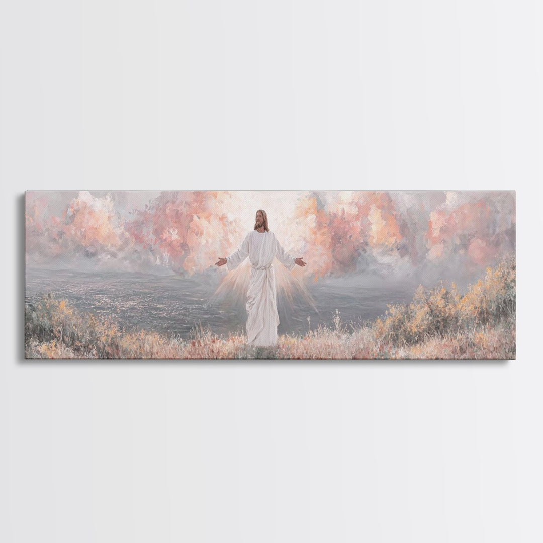 Radiant Dawn Blessing, Framed Canvas Print, Christian Wall Art, Jesus Painting, Panoramic Wall Art, Christian Art Canvas, Christmas Art Pri