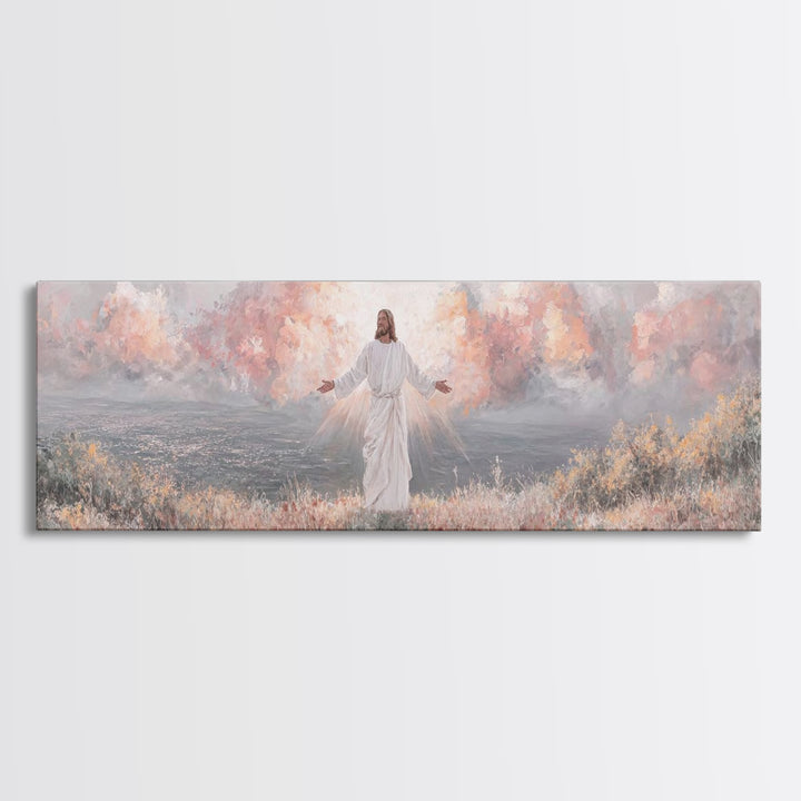 Radiant Dawn Blessing, Framed Canvas Print, Christian Wall Art, Jesus Painting, Panoramic Wall Art, Christian Art Canvas, Christmas Art Pri