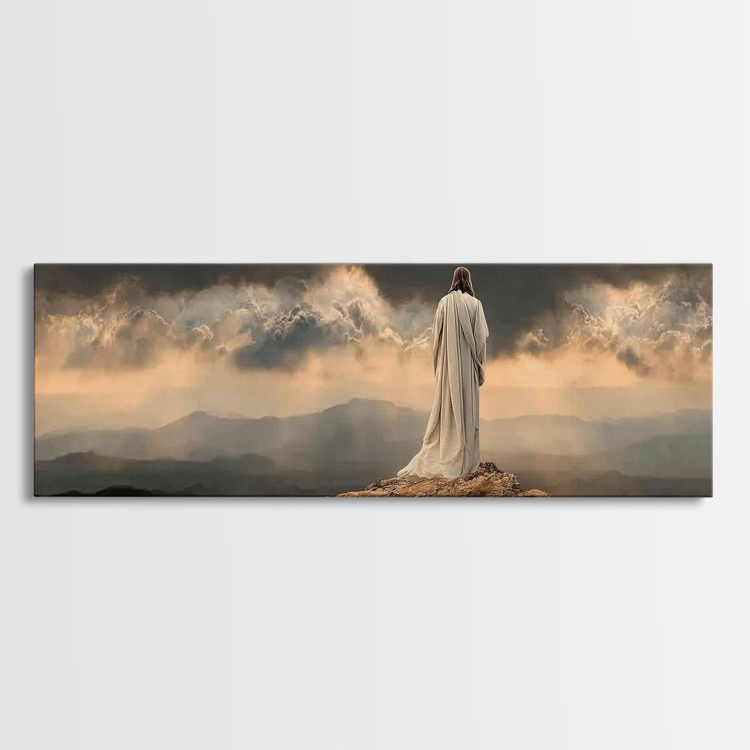 Stormlight Messiah - Framed Canvas Print - Christian Wall Art - Jesus Painting - Panoramic Frame - Christian Art Canvas - Christmas Art Fra