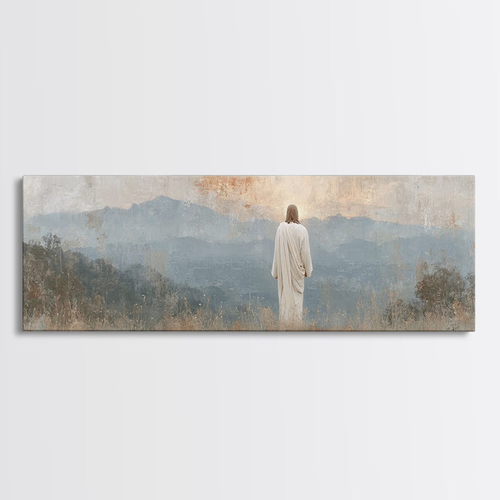 Quiet Mountain Mercy, Framed Canvas Print, Christian Wall Art, Jesus Painting, Panoramic Art, Christian Art Canvas, Christian Christmas Art