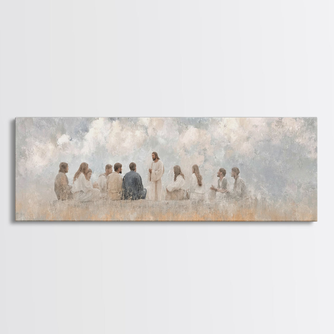 Cloudside Teaching – Framed Canvas Print – Christian Wall Art – Panoramic Art – Christian Art Canvas – Jesus Painting – Large Christian Pai