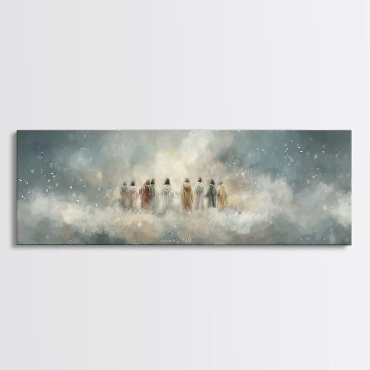 Heavenly Gathering, Framed Canvas Print, Christian Wall Art, Panoramic Print, Christian Art Canvas, Jesus Painting, Christian Christmas Art