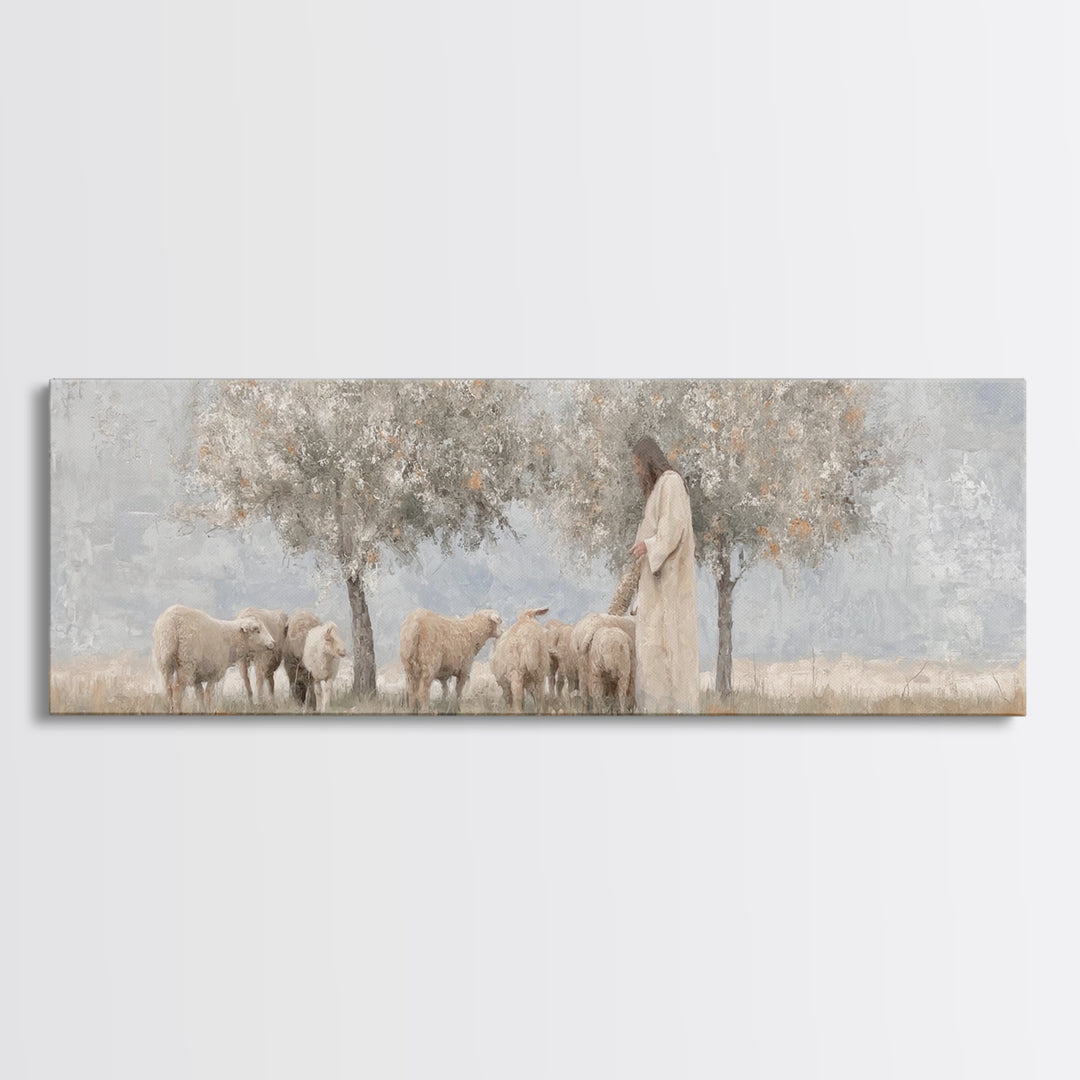 Olive Grove Shepherd, Framed Canvas Print, Panoramic Wall Art, Christian Art Canvas, Jesus Painting, Christian Decor, Christian Art