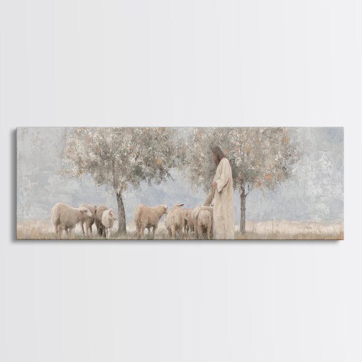 Olive Grove Shepherd, Framed Canvas Print, Panoramic Wall Art, Christian Art Canvas, Jesus Painting, Christian Decor, Christian Art
