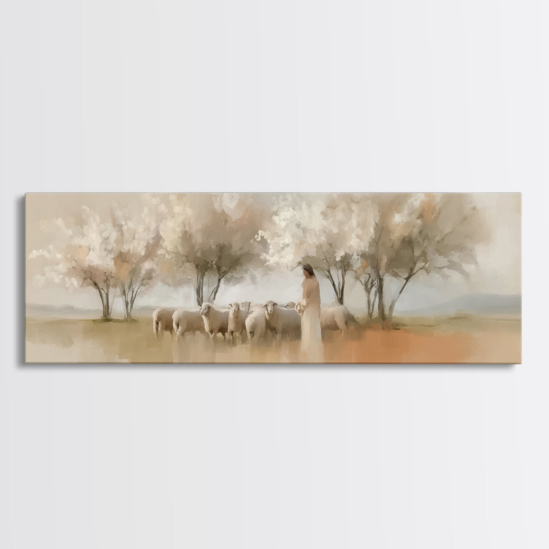 Spring Pasture Grace – Framed Canvas Print – Panoramic Print – Christian Art – Jesus Painting – Christian Gift Ideas – Christian Wall Art