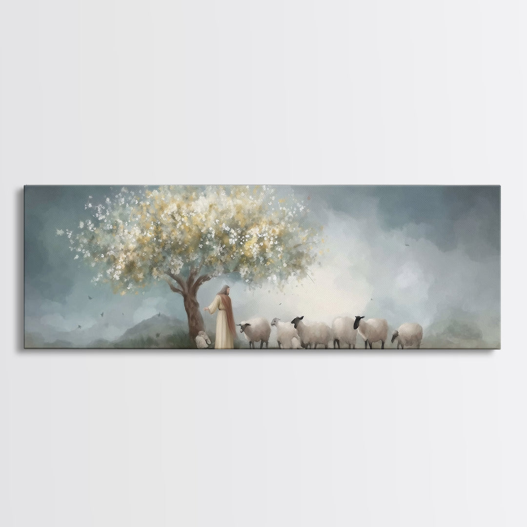 Golden Pasture Calm, Framed Canvas Print, Panoramic Art, Christian Art Print, Jesus Painting Canvas, Christian Christmas Art, Christian Dec