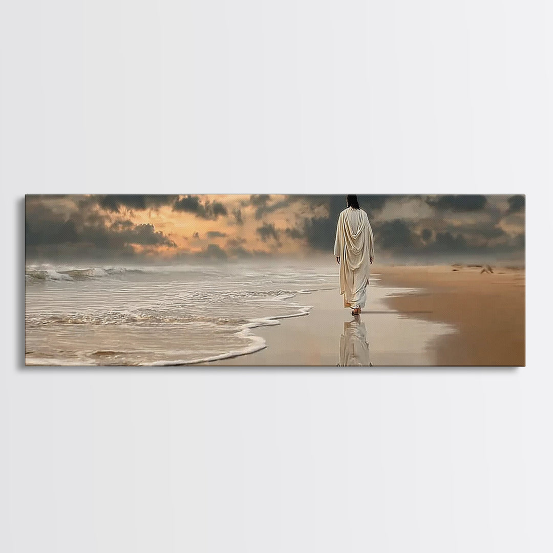 Twilight Footsteps, Framed Canvas Print, Christian Wall Art, Panoramic Painting, Jesus Painting, Christian Art Canvas, Christmas Art
