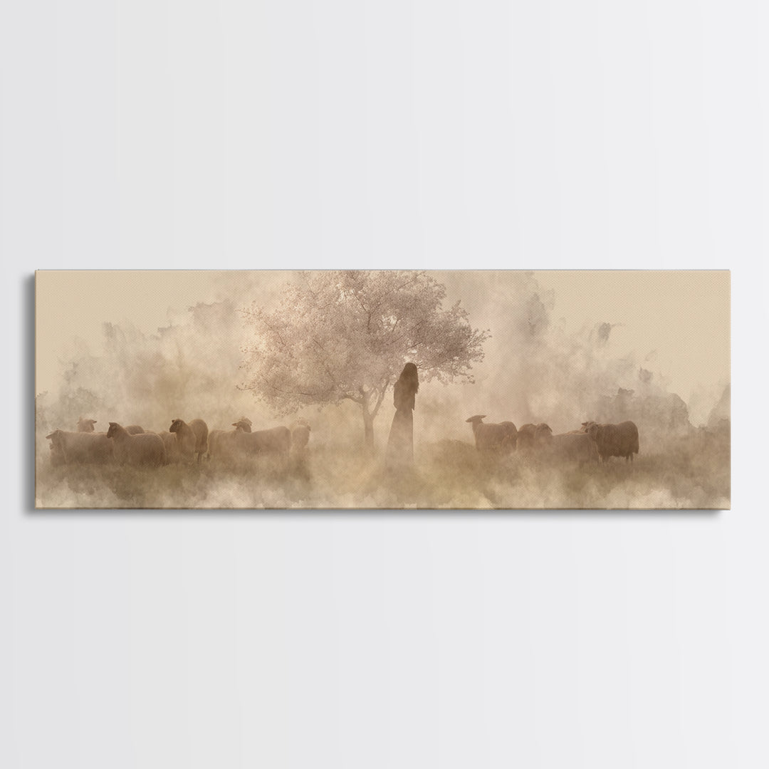 Shepherd’s Quiet Bloom, Framed Canvas Print, Panoramic Print, Christian Wall Art, Jesus Painting, Christian Art Canvas, Christmas Art