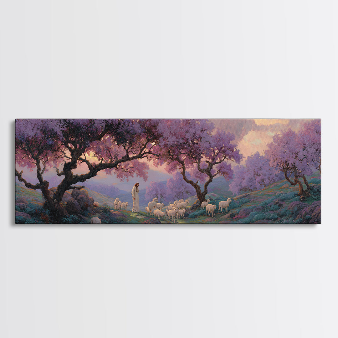Lavender Hill Shepherd – Framed Canvas Print – Panoramic Painting – Christian Art Canvas – Jesus Painting – Christian Wall Art – Christmas