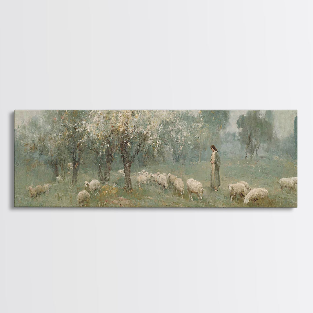 Shepherd’s Meadow Peace – Framed Canvas Print – Panoramic Art – Christian Art Canvas – Jesus Painting – Christian Wall Art – Christmas Art