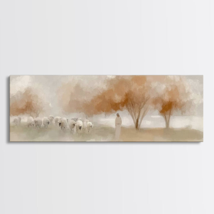 The Peaceful Shepherd, Framed Canvas Print, Christian Wall Art, Jesus Painting, Panoramic Art, Christian Art Canvas, Christmas Art