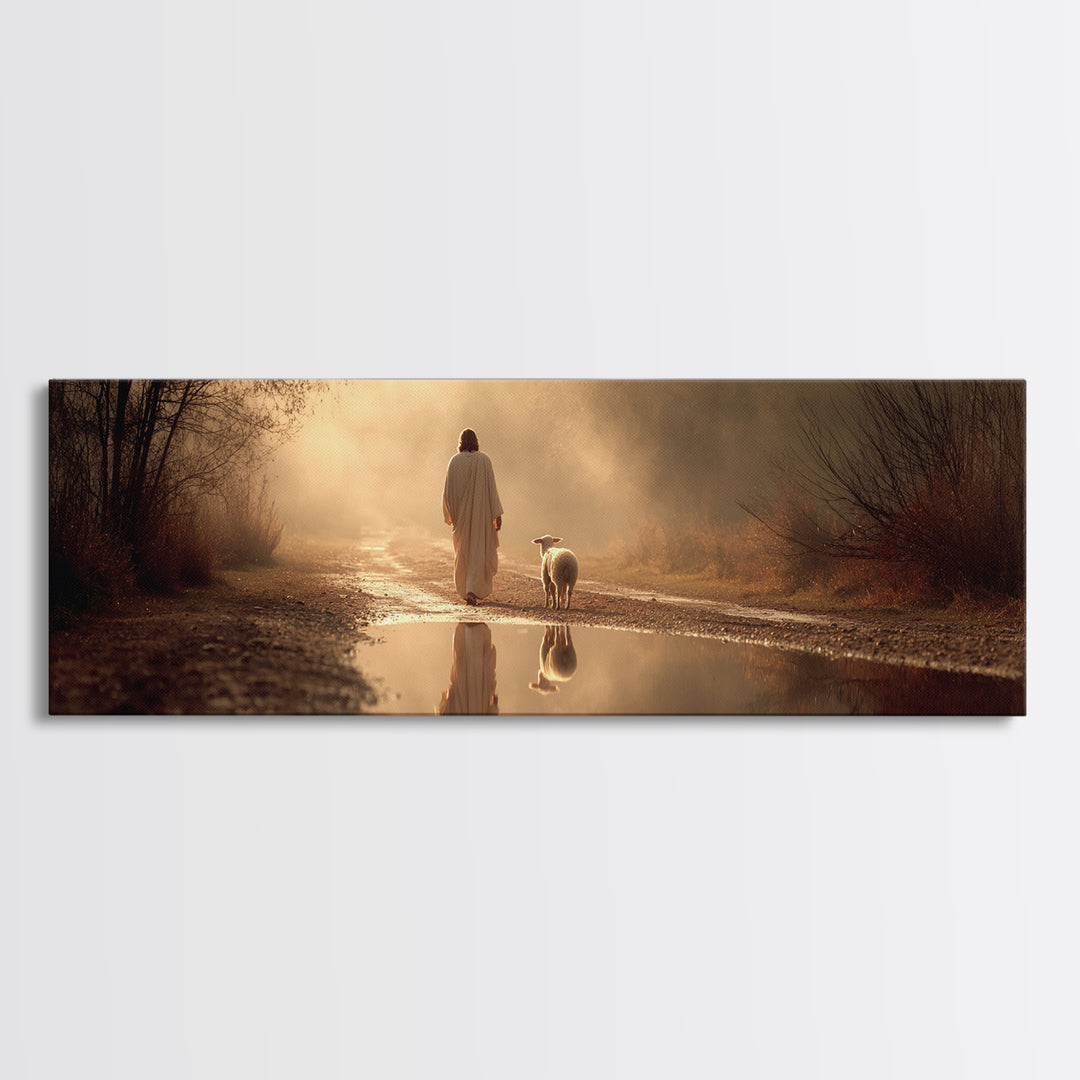 Golden Hour Shepherd, Framed Canvas Print, Christian Art Canvas, Panoramic Wall Art, Jesus Painting, Christian Christmas Art, Christian Gif